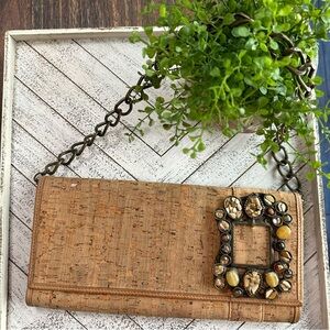 Elegant Tan Cork Clutch with Gemstone Chain Accent Leather Rock USA